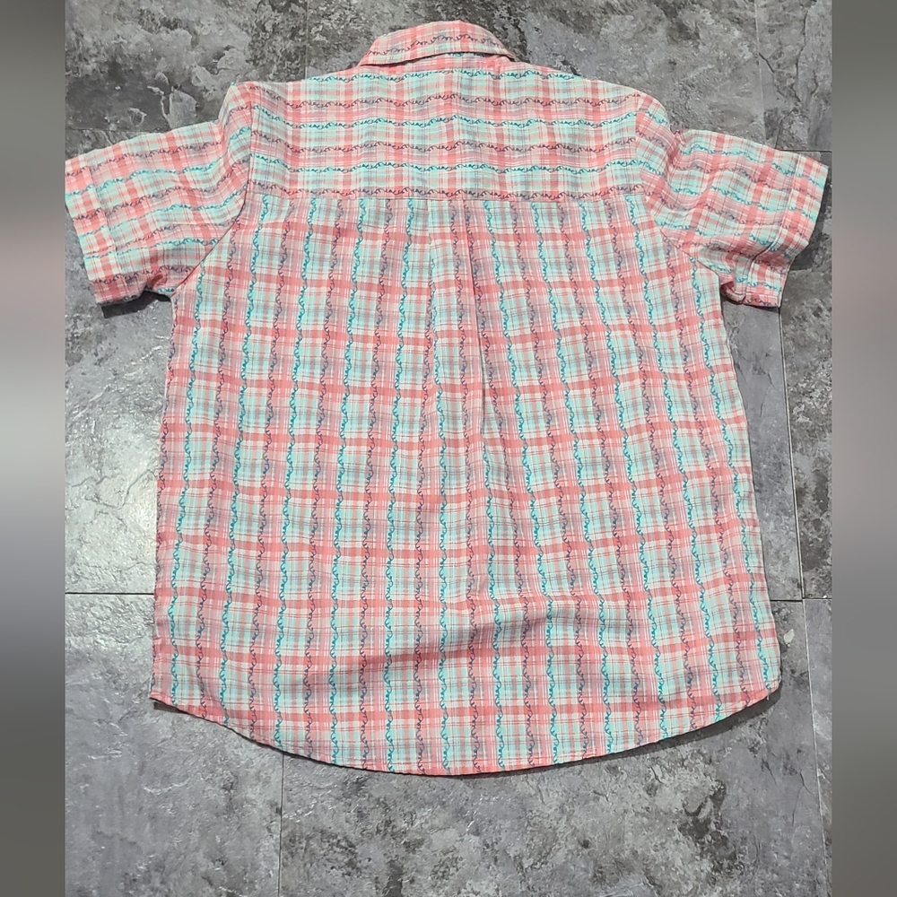 Adrian Delafield blouse plaid floral short sleeve pocket collar Size Medium